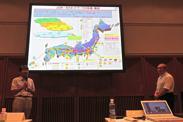 10月1日更新のJGN-Xネットワーク構成について説明する下條センター長と司会の井上主査